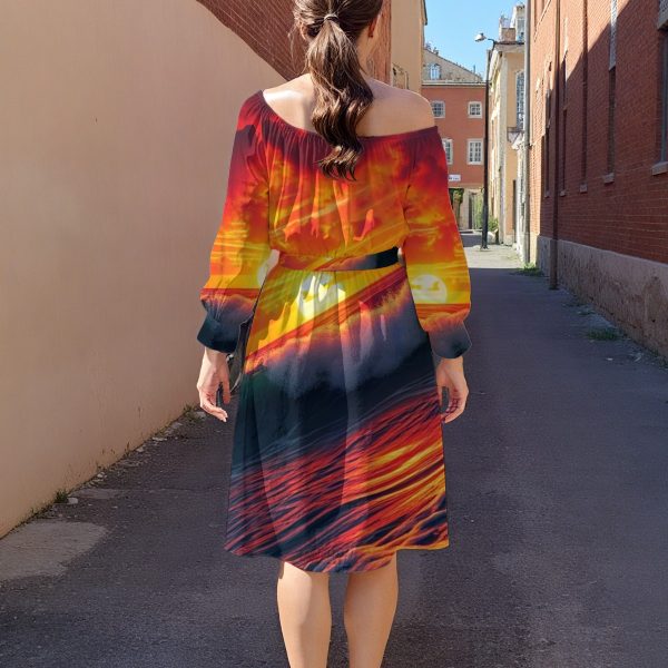 All-Over Print Women's Off-Shoulder Dress With Belt - Image 2