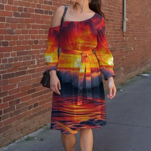 All-Over Print Women's Off-Shoulder Dress With Belt