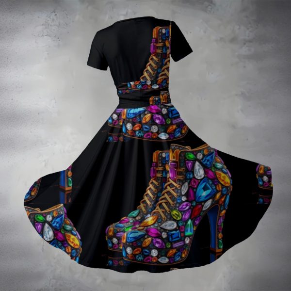 All-over Print Women's Short Sleeve V Neck Midi Dress - Image 2